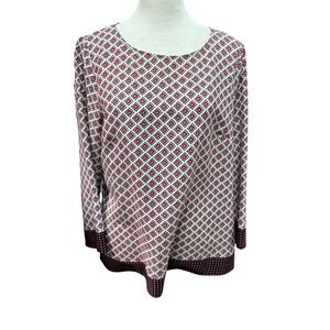 J.Crew Womens Geometric Diamond Print Long Sleeve Blouse Red Navy White S #121